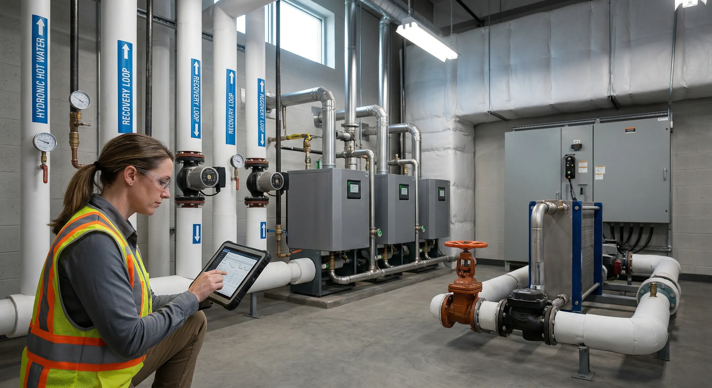 Mechanical room with hybrid gas and electric heating system