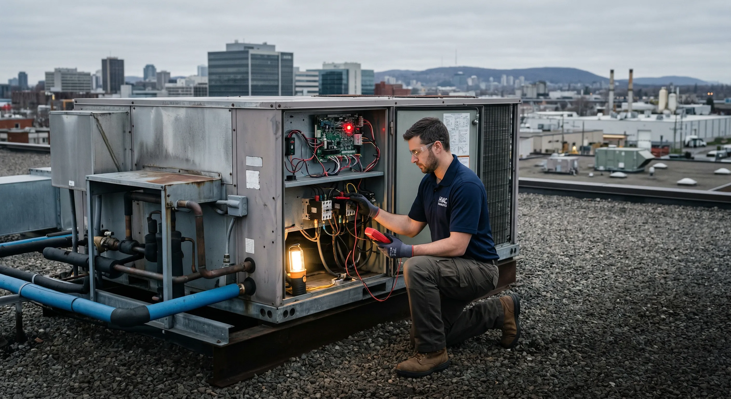 Technicien HVAC diagnostiquant un système de climatisation commercial sur un toit
