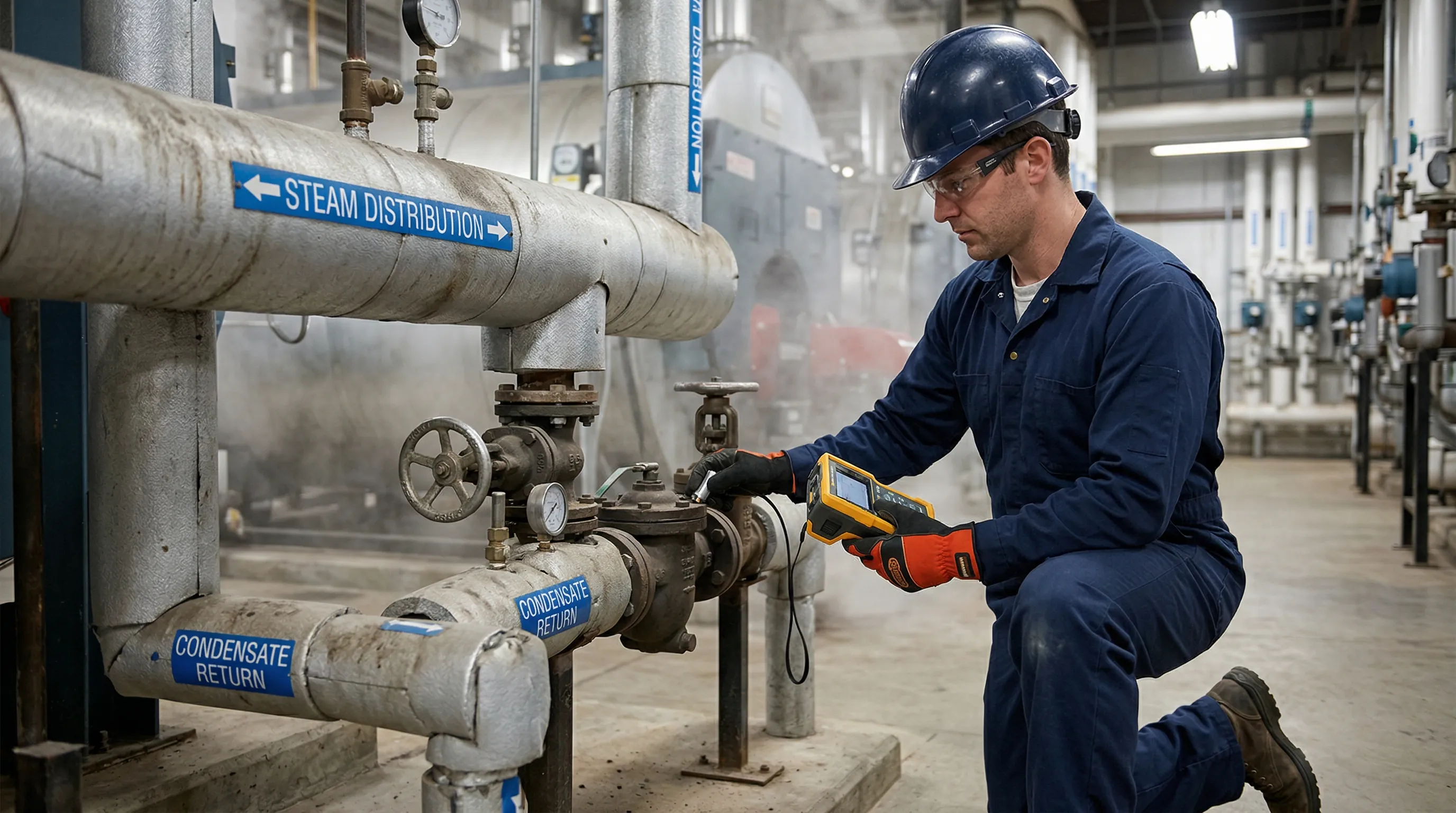 Réseau vapeur industriel avec purgeur et technicien en inspection de maintenance