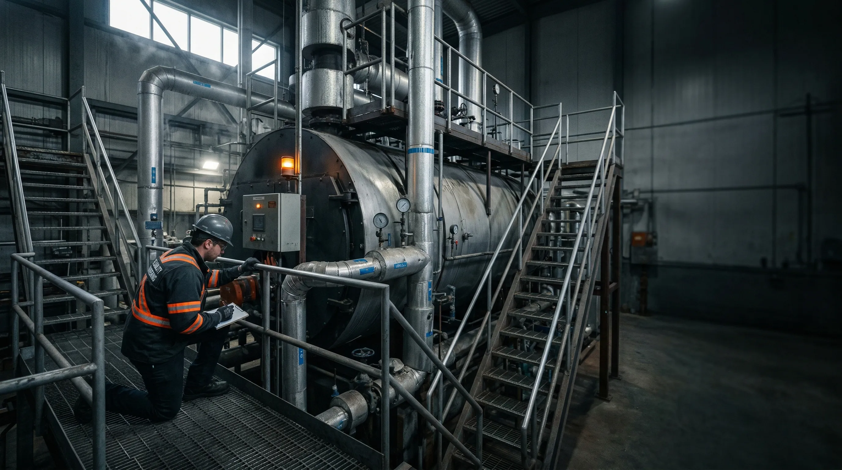 Industrial boiler in a demanding environment with technician assessing condition